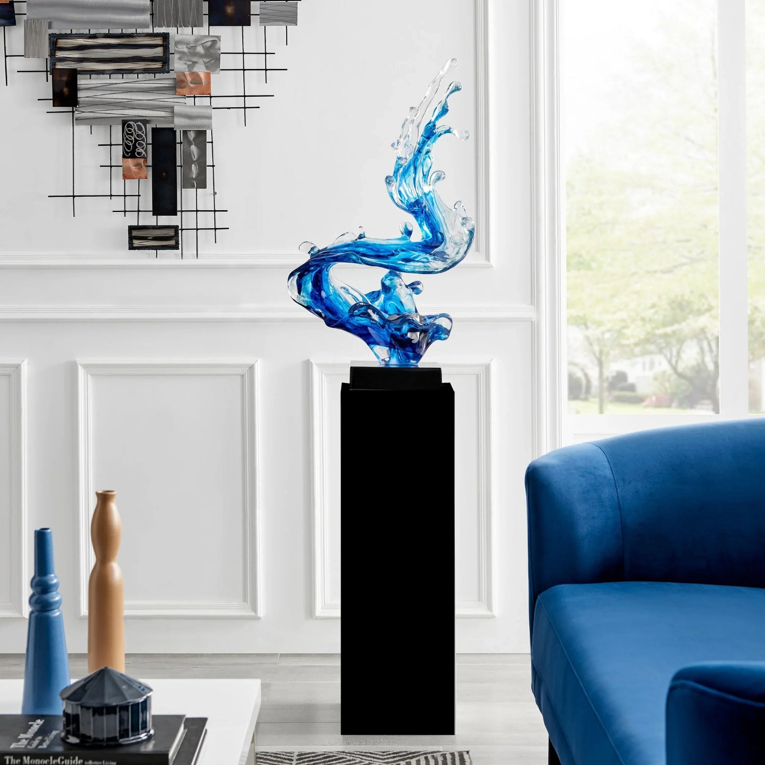 OCEAN BLUE CORTES BAY WAVE FLOOR SCULPTURE WITH BLACK STAND, 57" TALL