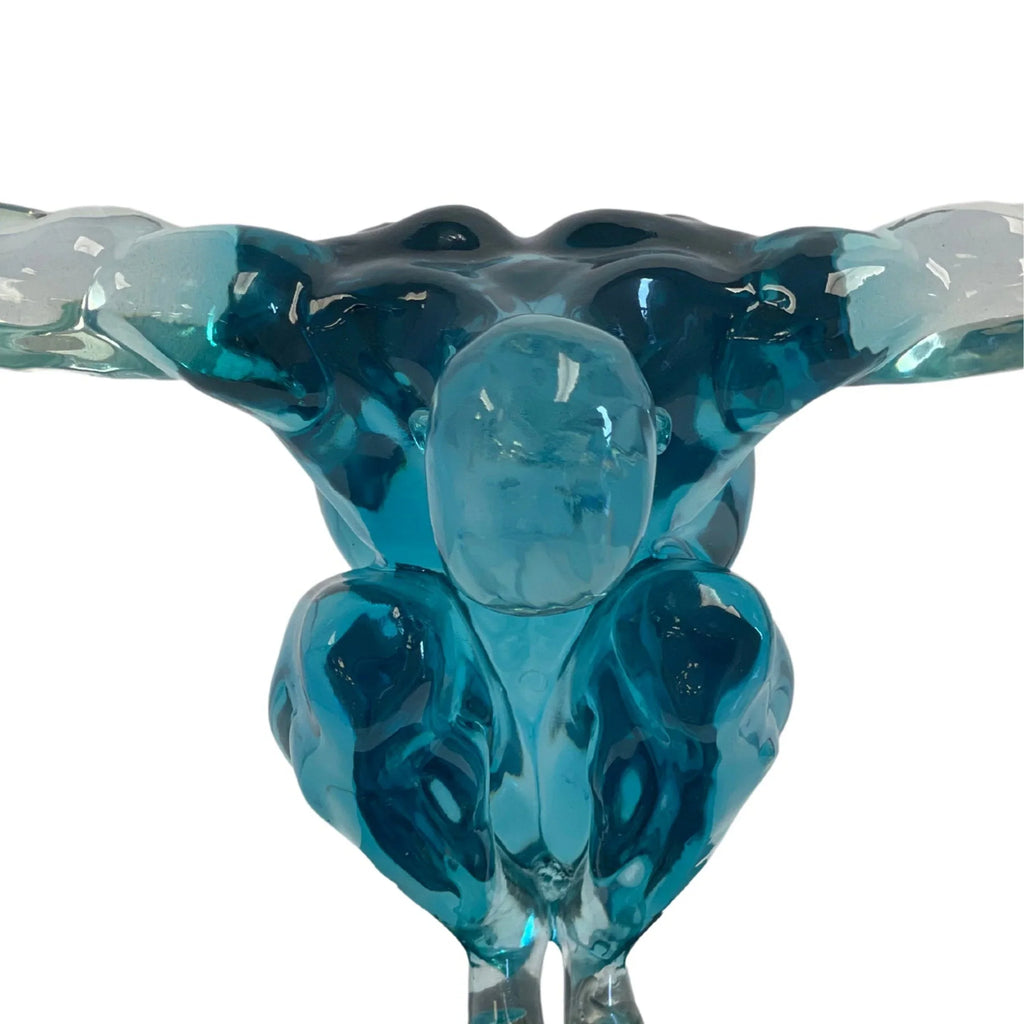 SMALL SALUTING MAN RESIN SCULPTURE 17" WIDE X 10.5" TALL // CLEAR BLUE