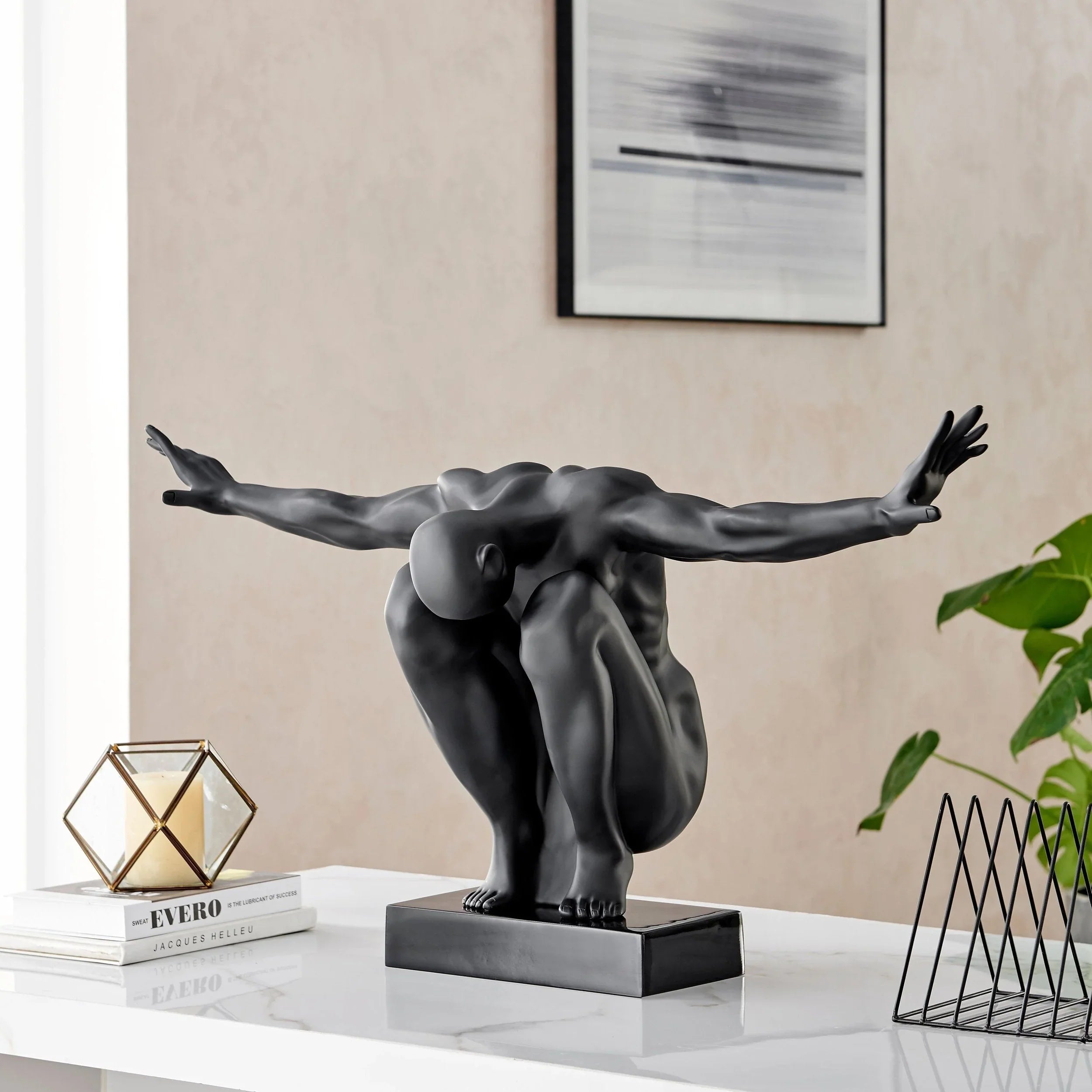 LARGE SALUTING MAN RESIN SCULPTURE 37" WIDE X 19" TALL // MATTE BLACK
