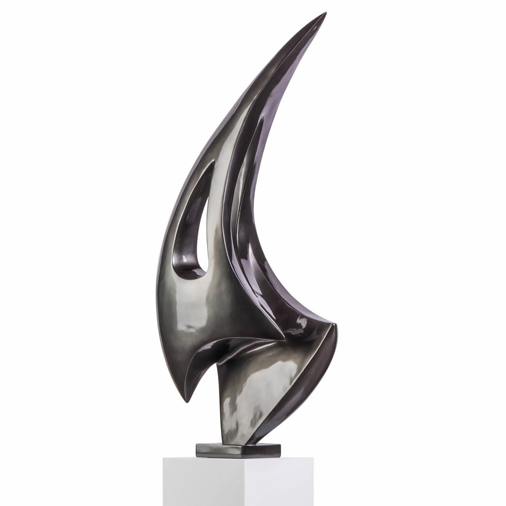 DARK GRAY SAIL FLOOR SCULPTURE WITH WHITE STAND, 70" TALL