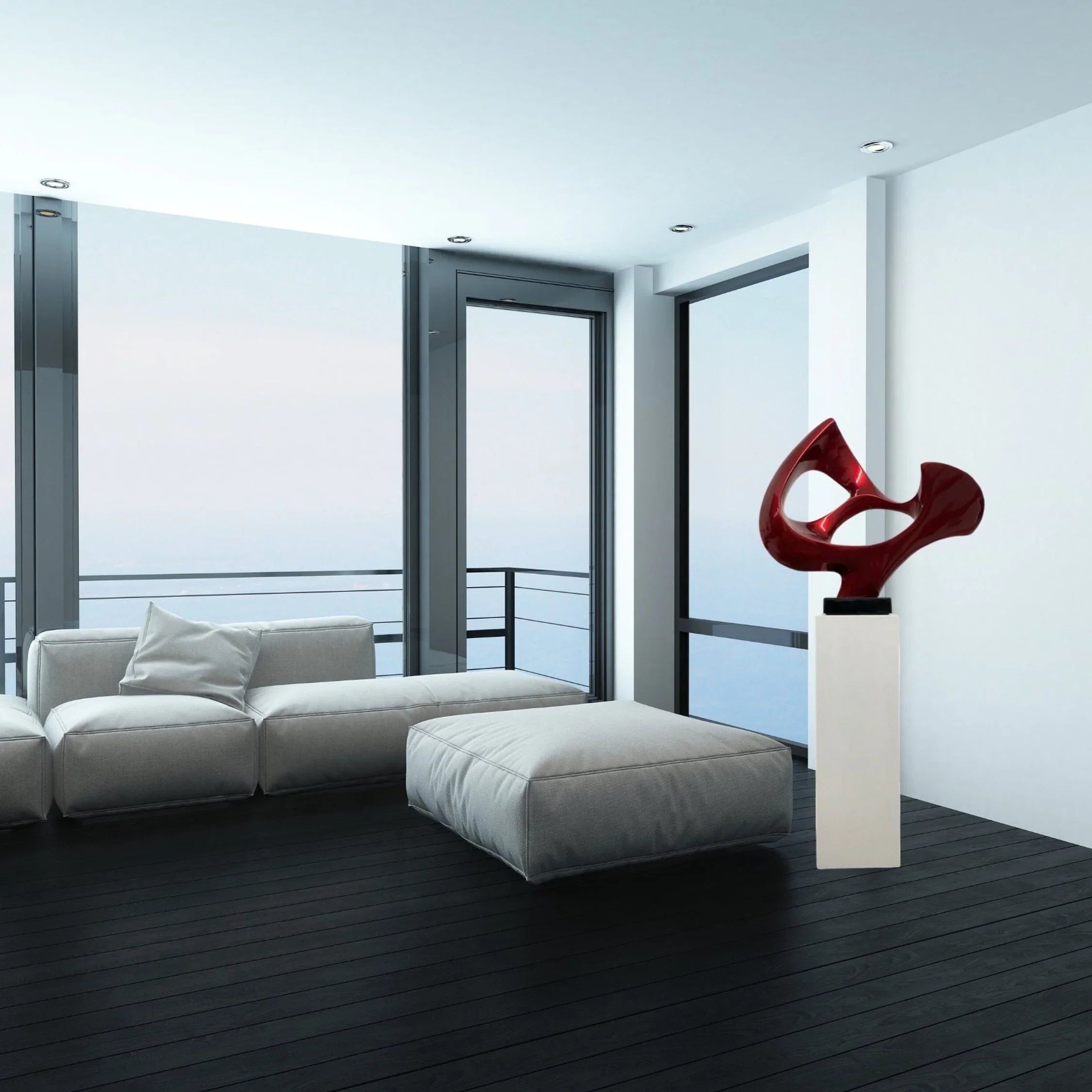 METALLIC RED ABSTRACT MASK FLOOR SCULPTURE WITH WHITE STAND, 54" TALL