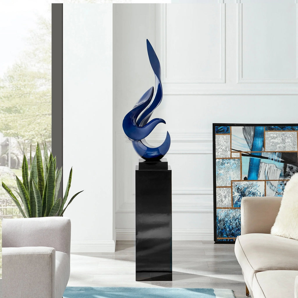 NAVY BLUE FLAME FLOOR SCULPTURE WITH BLACK STAND, 65" TALL